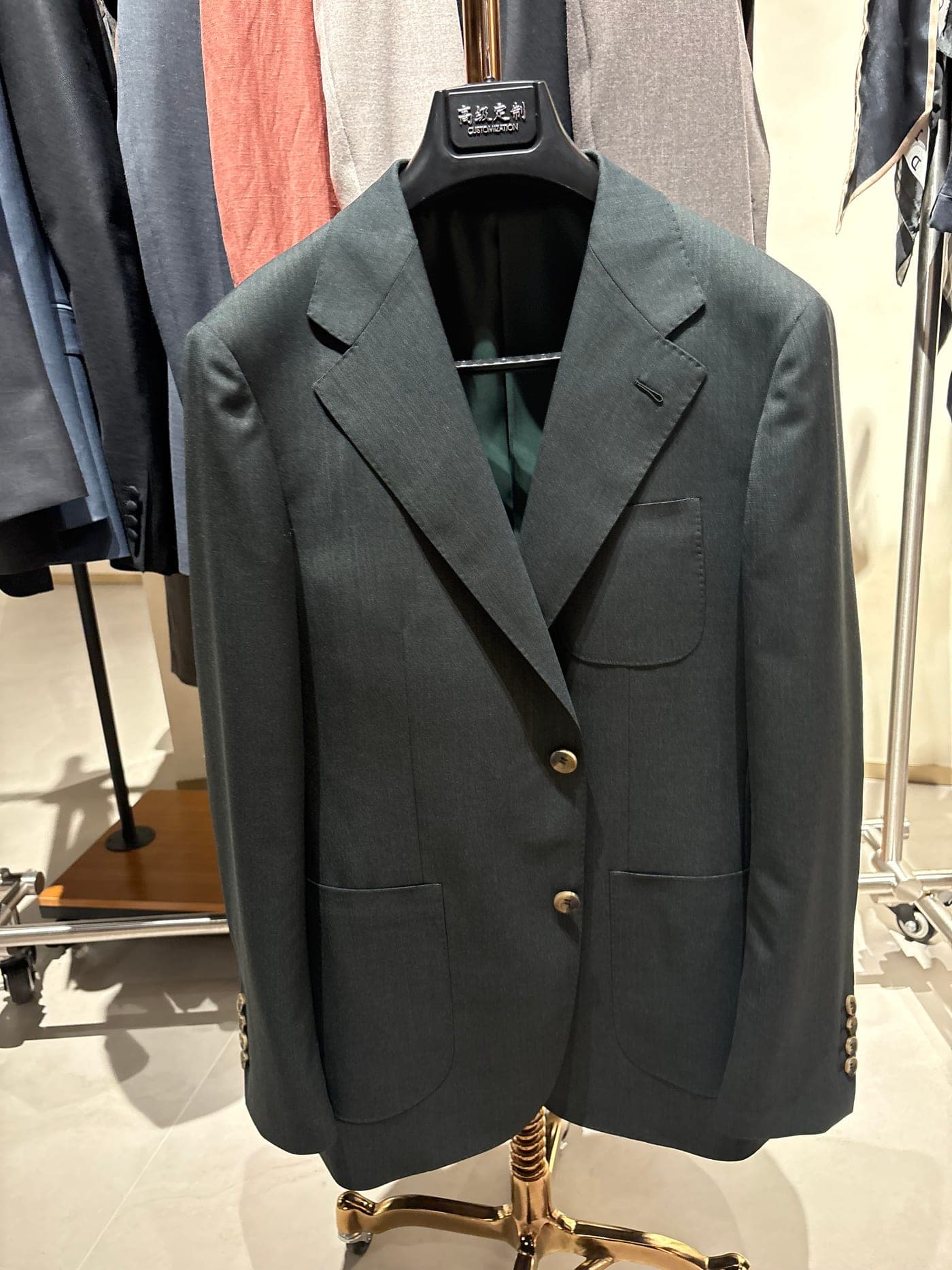 Finished canvas-constructed jackets in the showroom